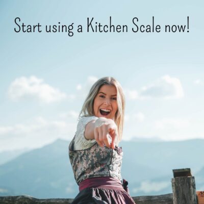 happy girl who bakes at home with a kitchen scale