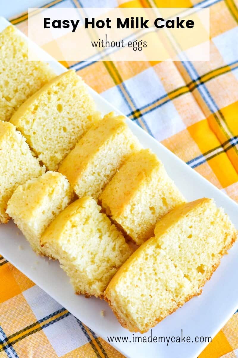 hot milk cake slices on a white rectangular plate