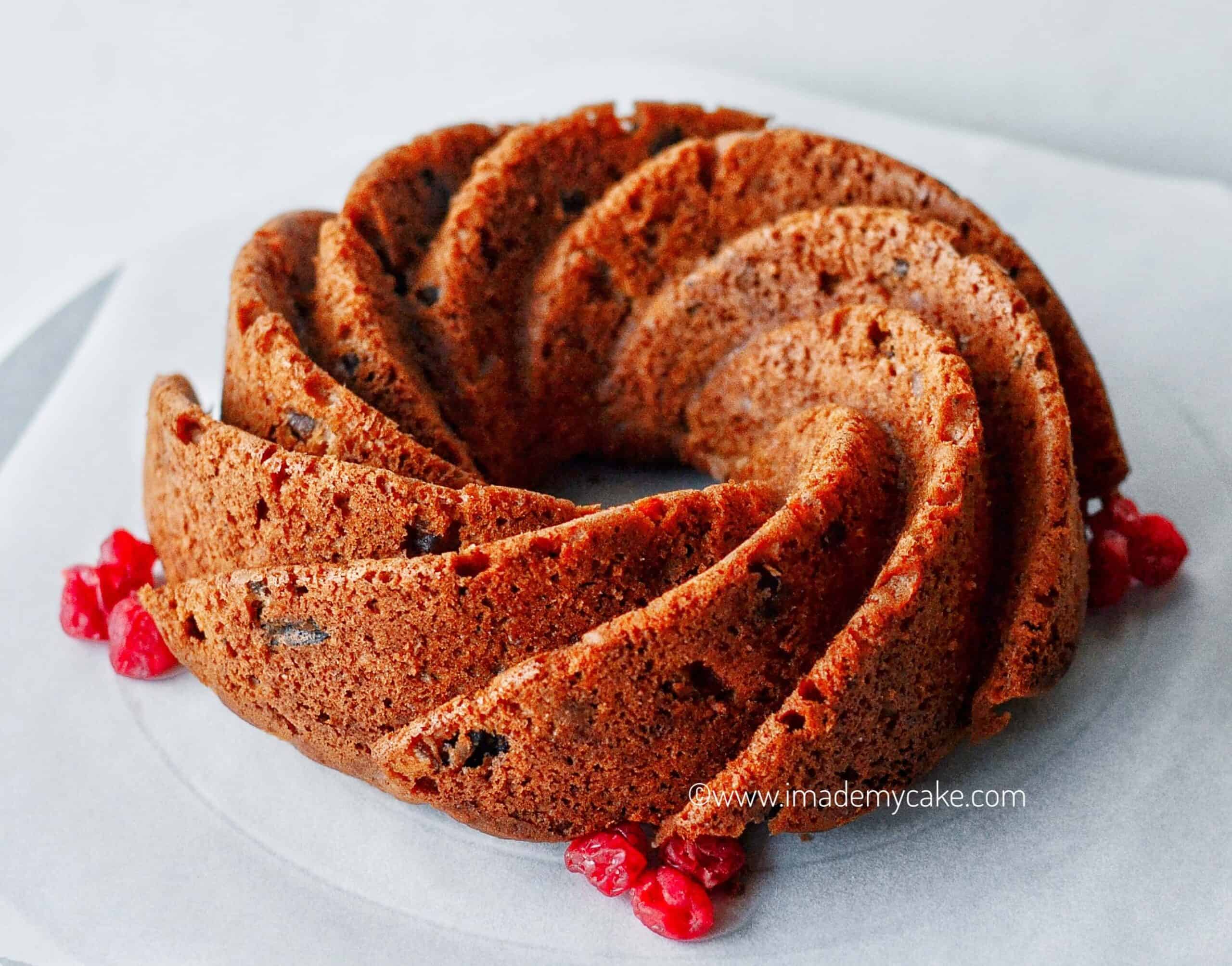 christmas fruit cake baked in a bundt cake pan