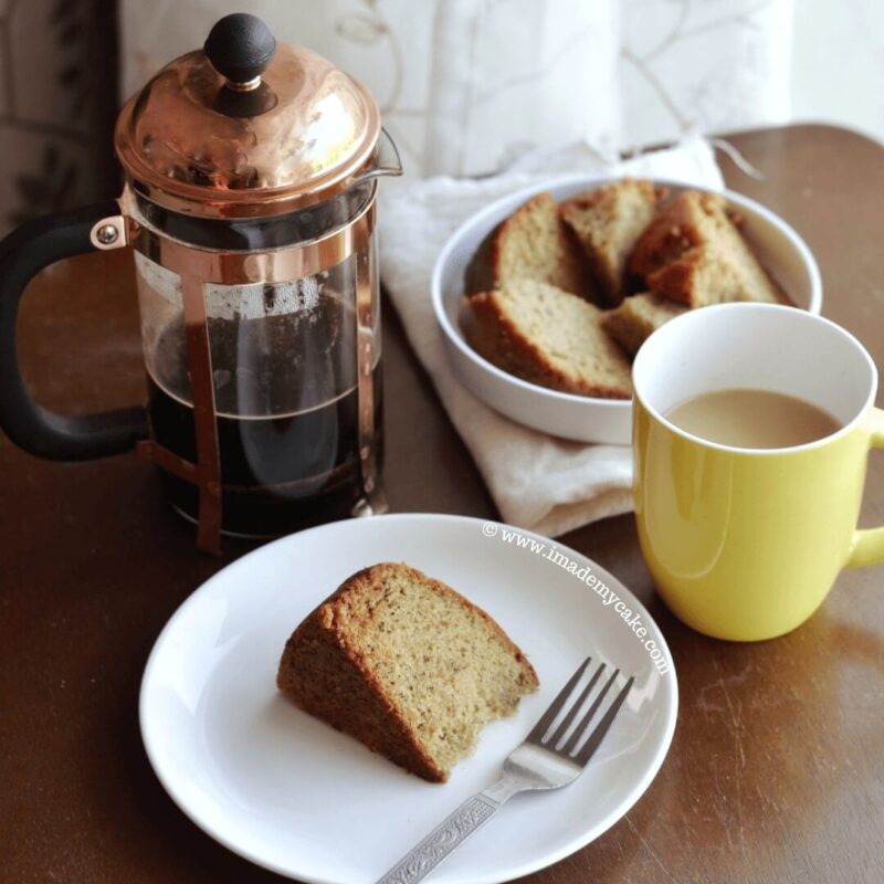 eggless banana cake slices with coffee decoction