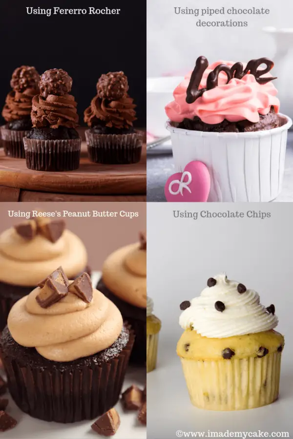 cupcake decorating ideas using chocolate chips, peanut butter cups, chocolate decorations and fererro rocher chocolates