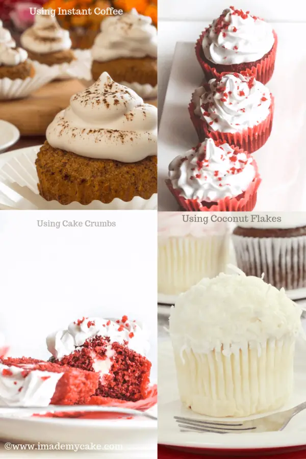 cupcake decorating ideas with dusting, cake crumbs and coconut flakes