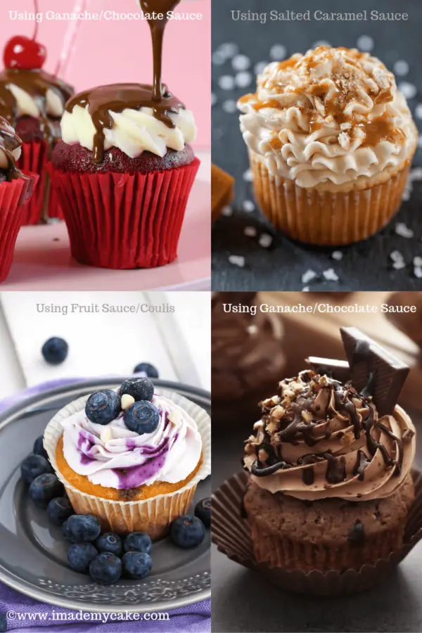 cupcake decorating ideas with chocolate sauce and fruit coulis