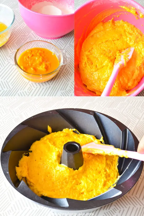 add the mango puree for making eggless mango bundt cake