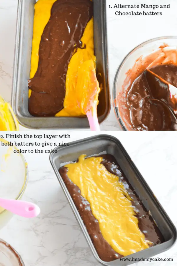 alternate the two batters for making chocolate mango cake