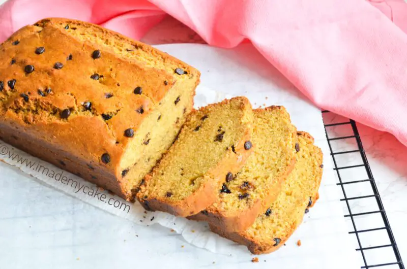 slices of chocolate chip pound cake made with whole wheat