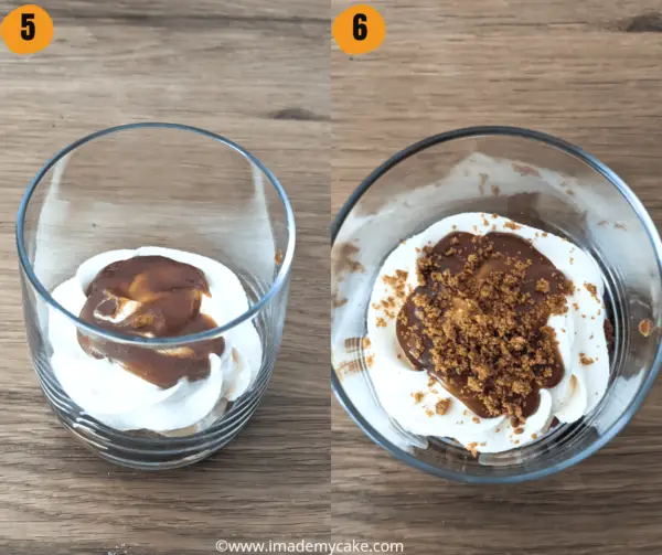 Step 5 and 6 of layering the Biscoff Banana Caramel Cups